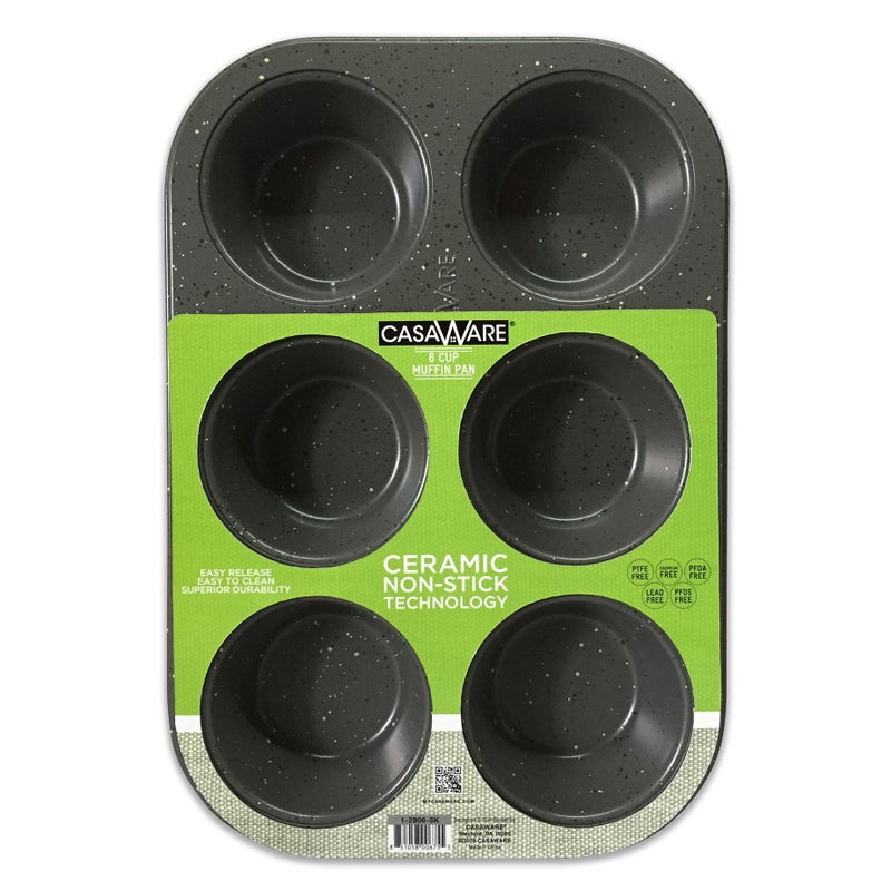 casaWare Toaster Oven 6 Cup Muffin Pan NonStick Ceramic Coated (Silver Granite) - Image 1